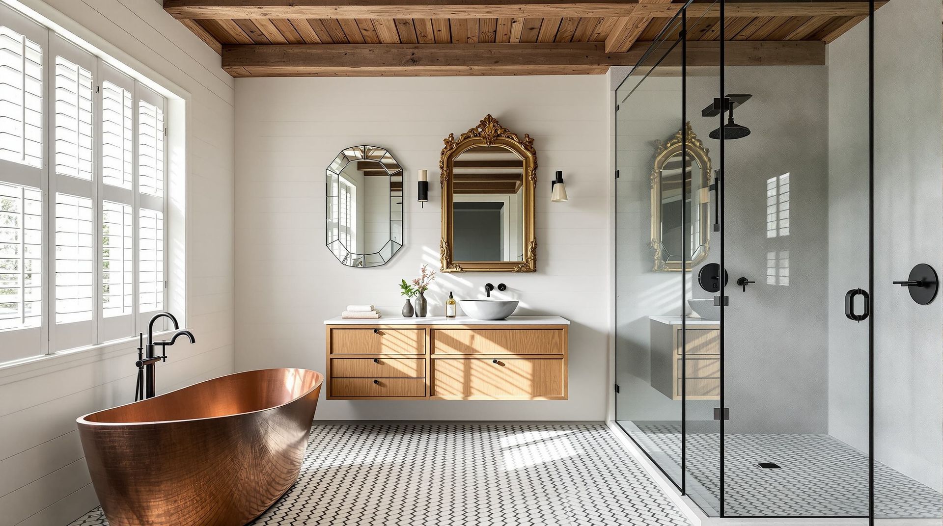 Spacious modern bathroom with copper tub, wood vanity, large mirrors, and glass shower