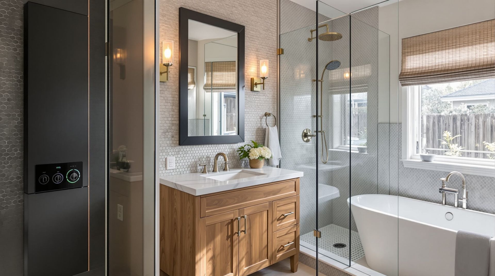 Bright bathroom with wooden vanity, large mirror, glass shower, and freestanding bathtub by a window.