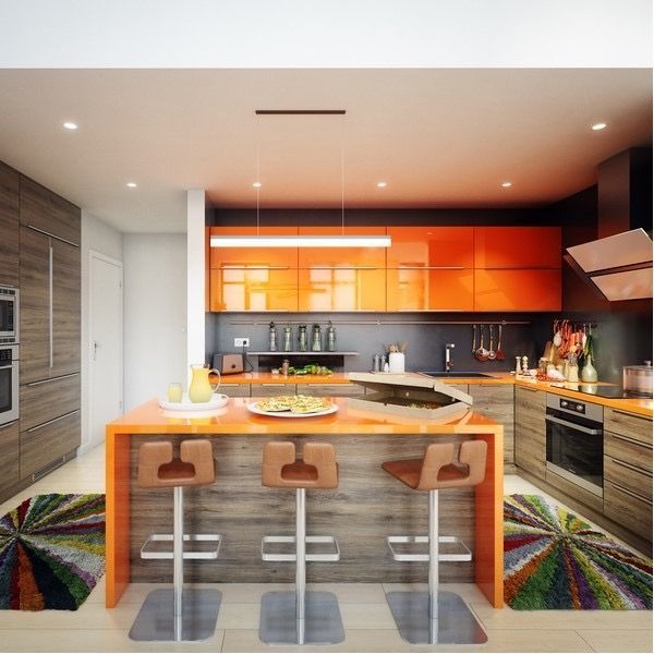 Modern kitchen with orange cabinets, island seating, and colorful geometric floor rugs