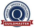 Guildmaster Service Excellence award badge with blue circle and red banner