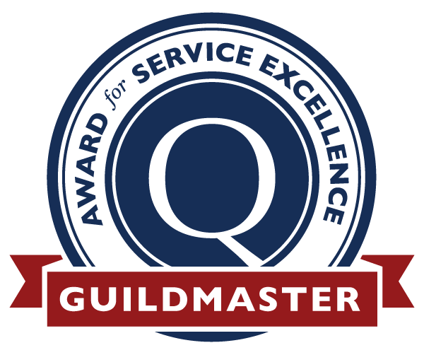 Guildmaster Service Excellence award badge with blue circle and red banner