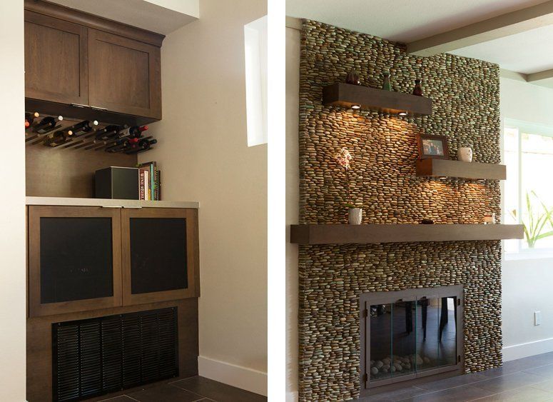 Two built-in fireplace wall designs with wood mantels, dark shelves, and mosaic tile surrounds