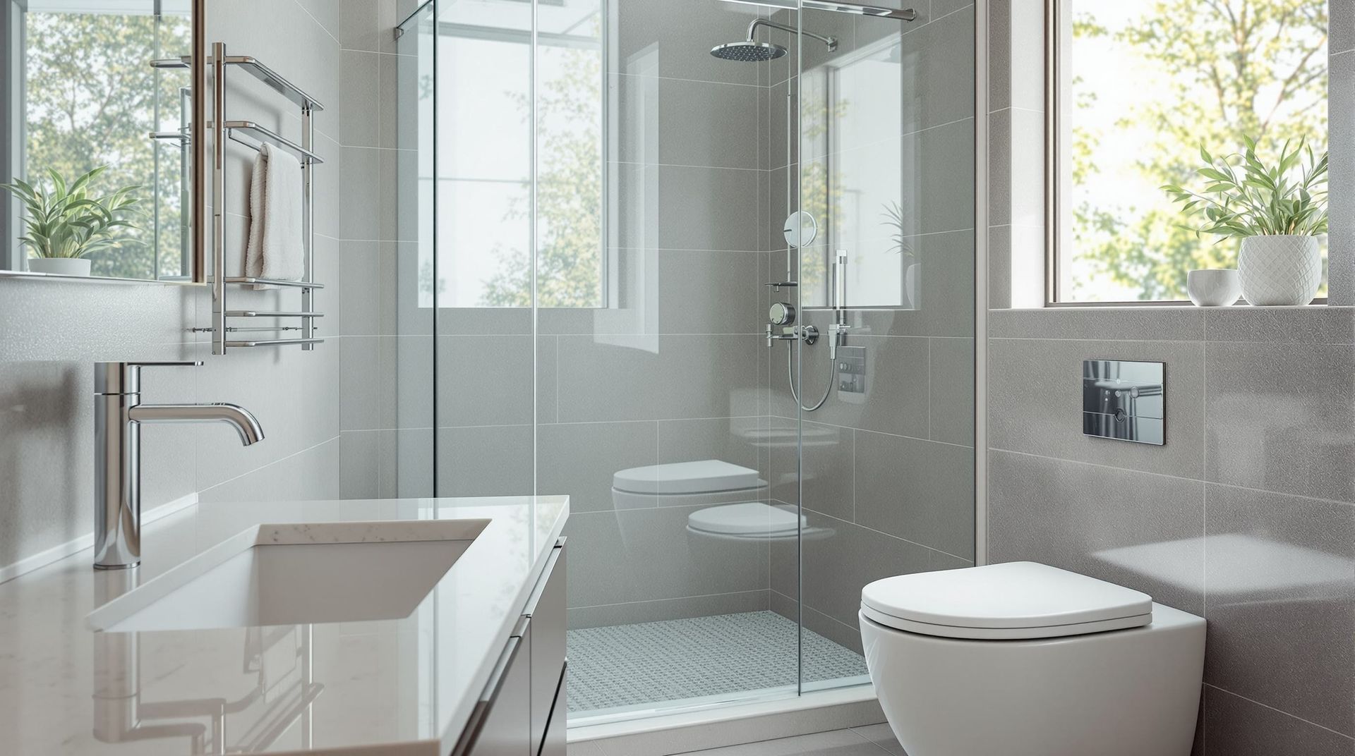 Modern bathroom with glass shower, white vanity, and toilet beside a bright window