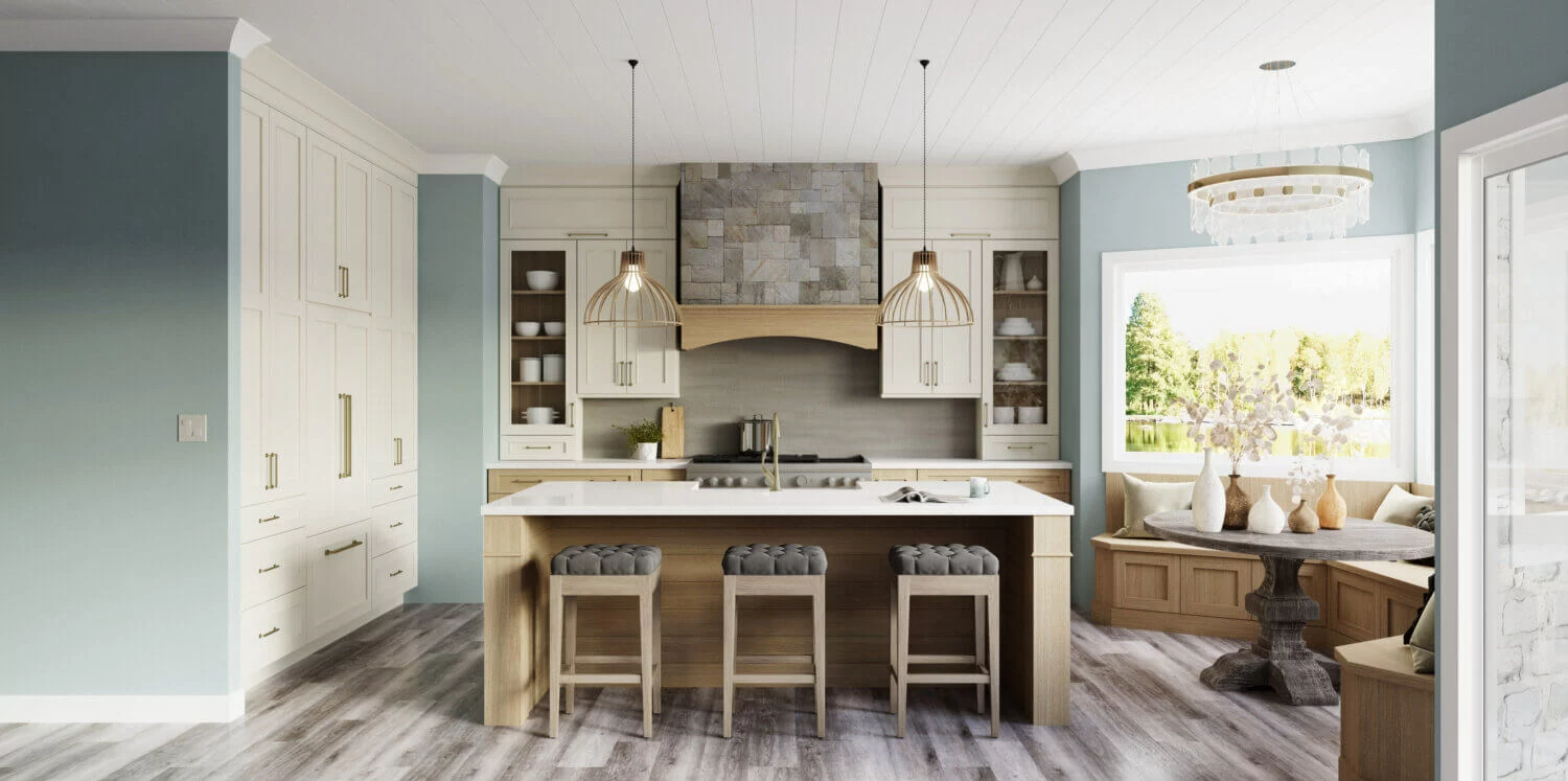 Bright modern kitchen with island, wood stools, pendant lights, and a window seat by large sunny window