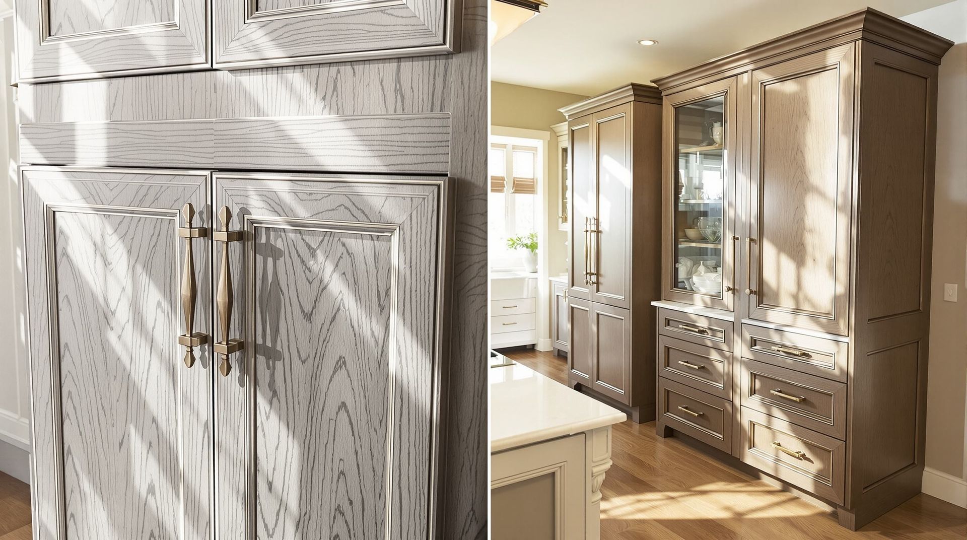 Bright kitchen with white paneled cabinets and a sunlit island, showing ornate wood cabinetry and drawers.