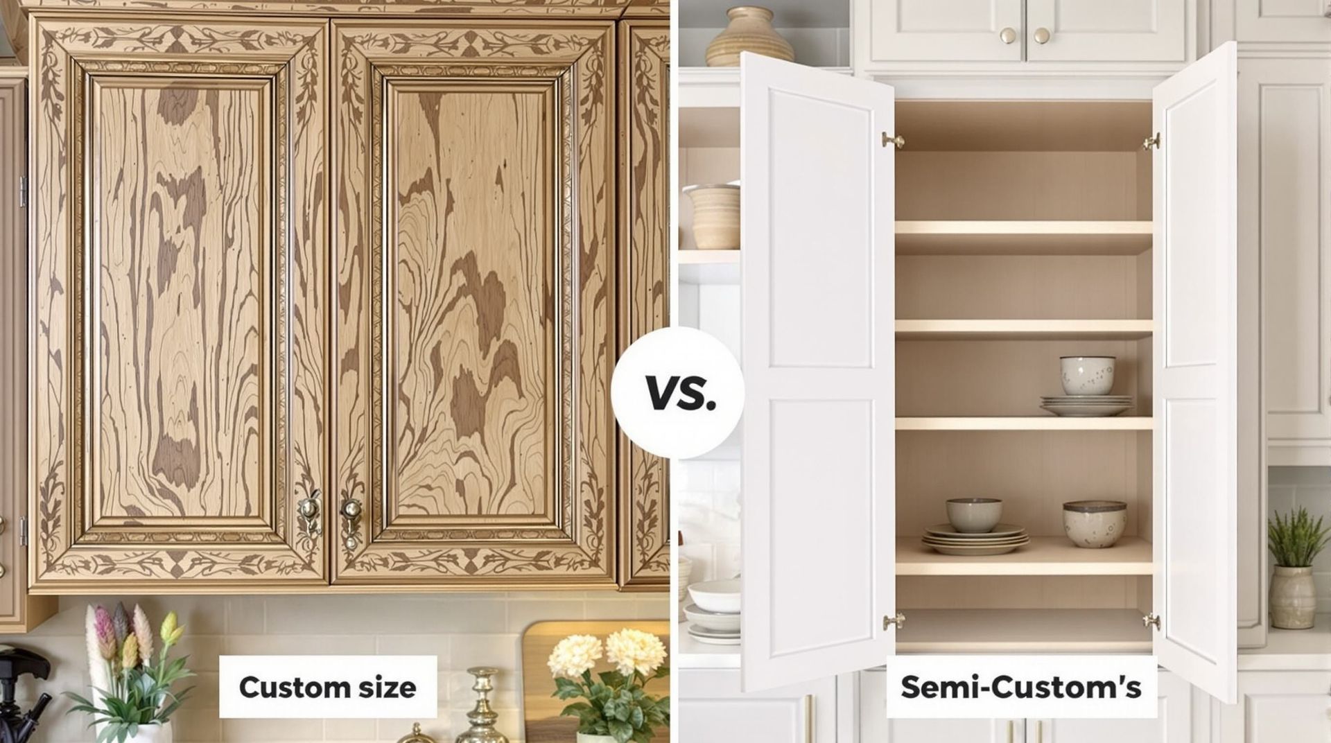 Custom carved cabinets vs. semi-custom white cabinets with open shelving and drawers.