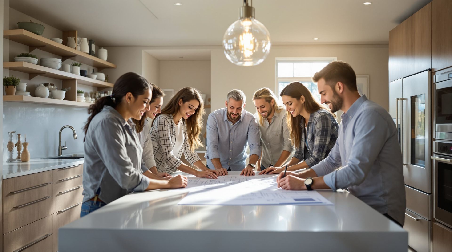 Team gathered around a kitchen island reviewing plans in a bright modern home