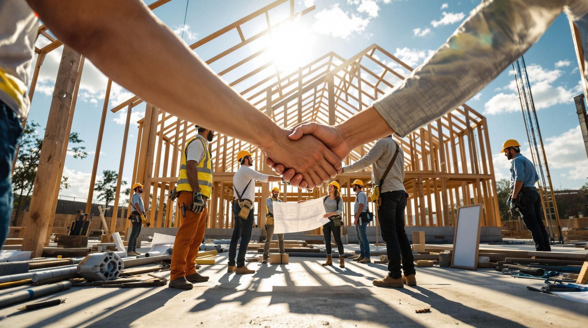 Construction crew standing in a framed house under construction, hands stacked together in the center.