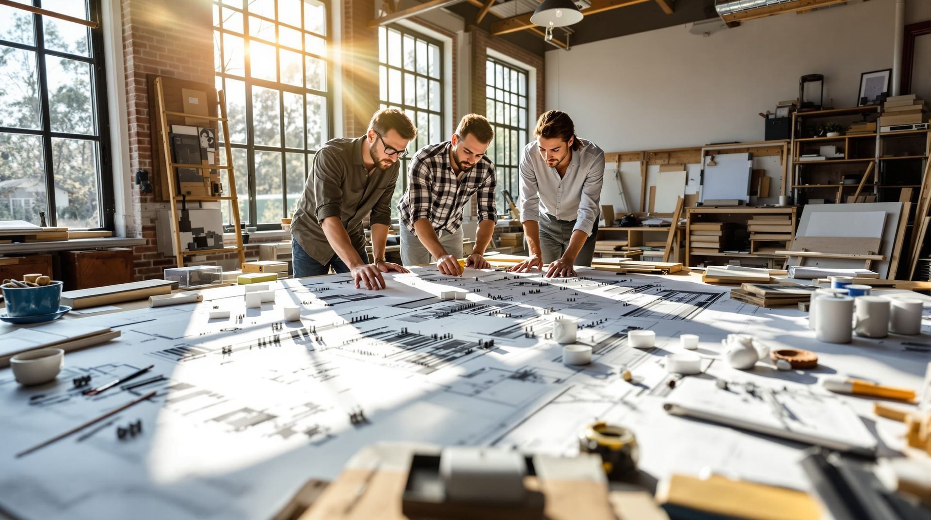 Three people collaborate over blueprints in a bright workshop with tools and models