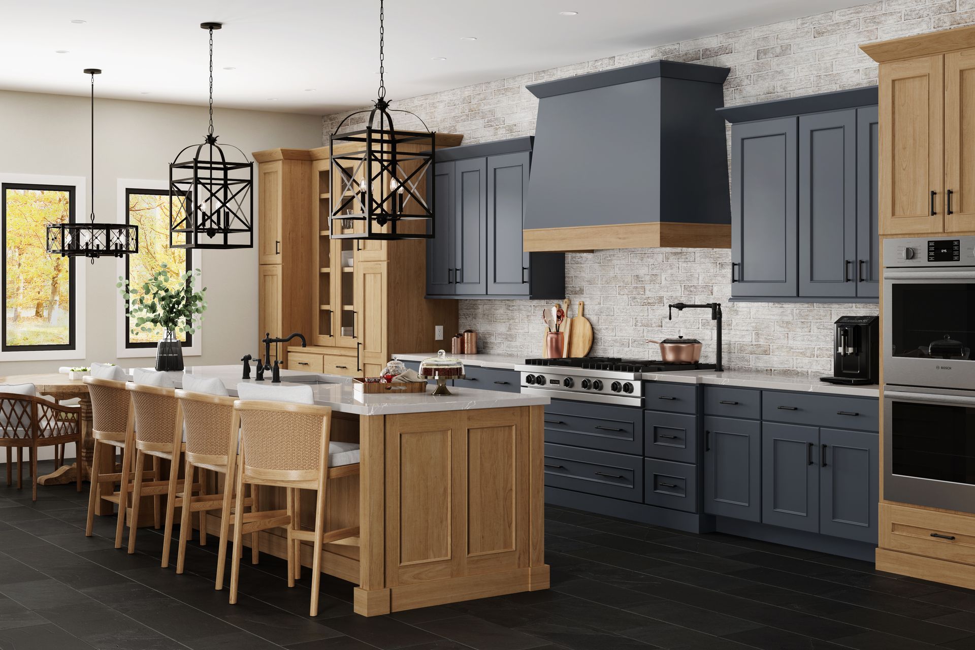 Modern kitchen with blue cabinets, wood island, dining table, and pendant lights
