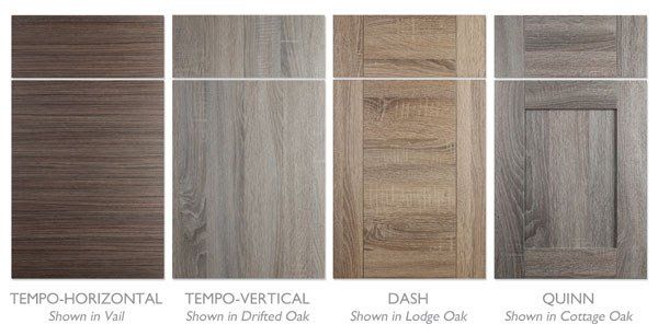 Four wood-style cabinet door samples labeled Tempo-Horizontal, Tempo-Vertical, Dash, and Quinn.