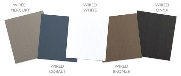 Fabric color swatches labeled Wired Mercury, Cobalt, White, Bronze, and Onyx.