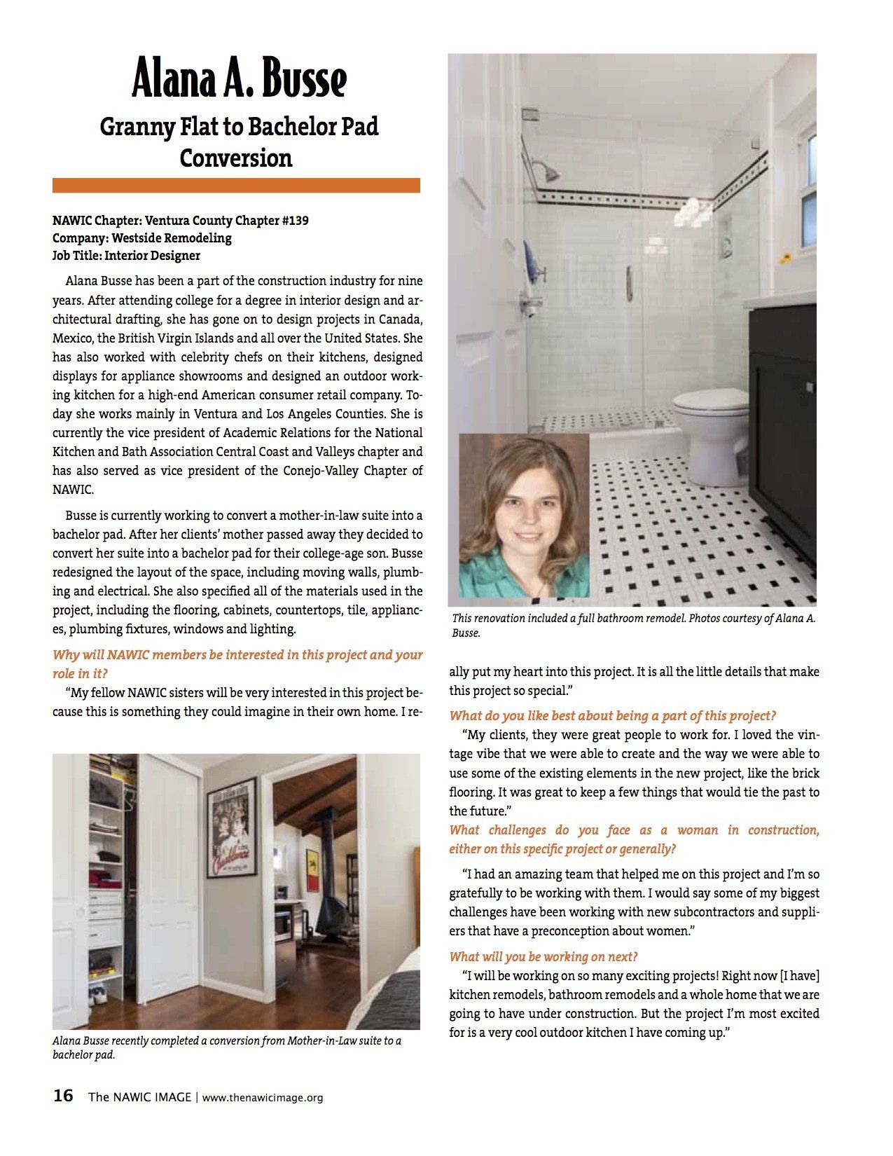 Magazine page with article text and photos of a bathroom renovation and a hallway interior