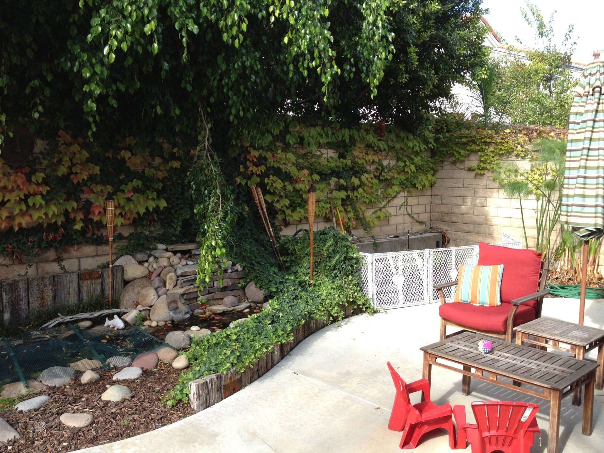Backyard patio with wooden chairs, red cushions, a small table, and lush greenery by a stone wall