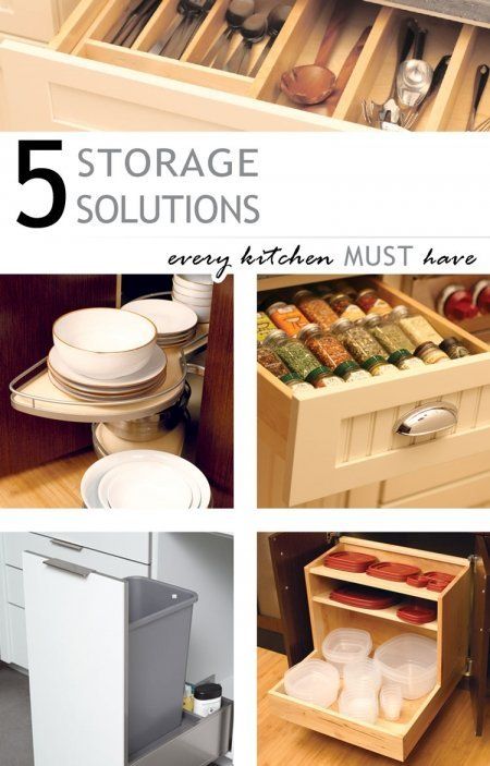Collage of five kitchen storage solutions, including drawers, dish racks, and pull-out cabinet organizers