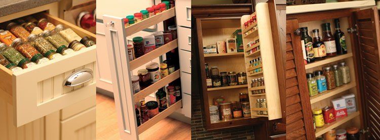 Open pantry cabinets with shelves stocked with jars, cans, spices, and bottles.