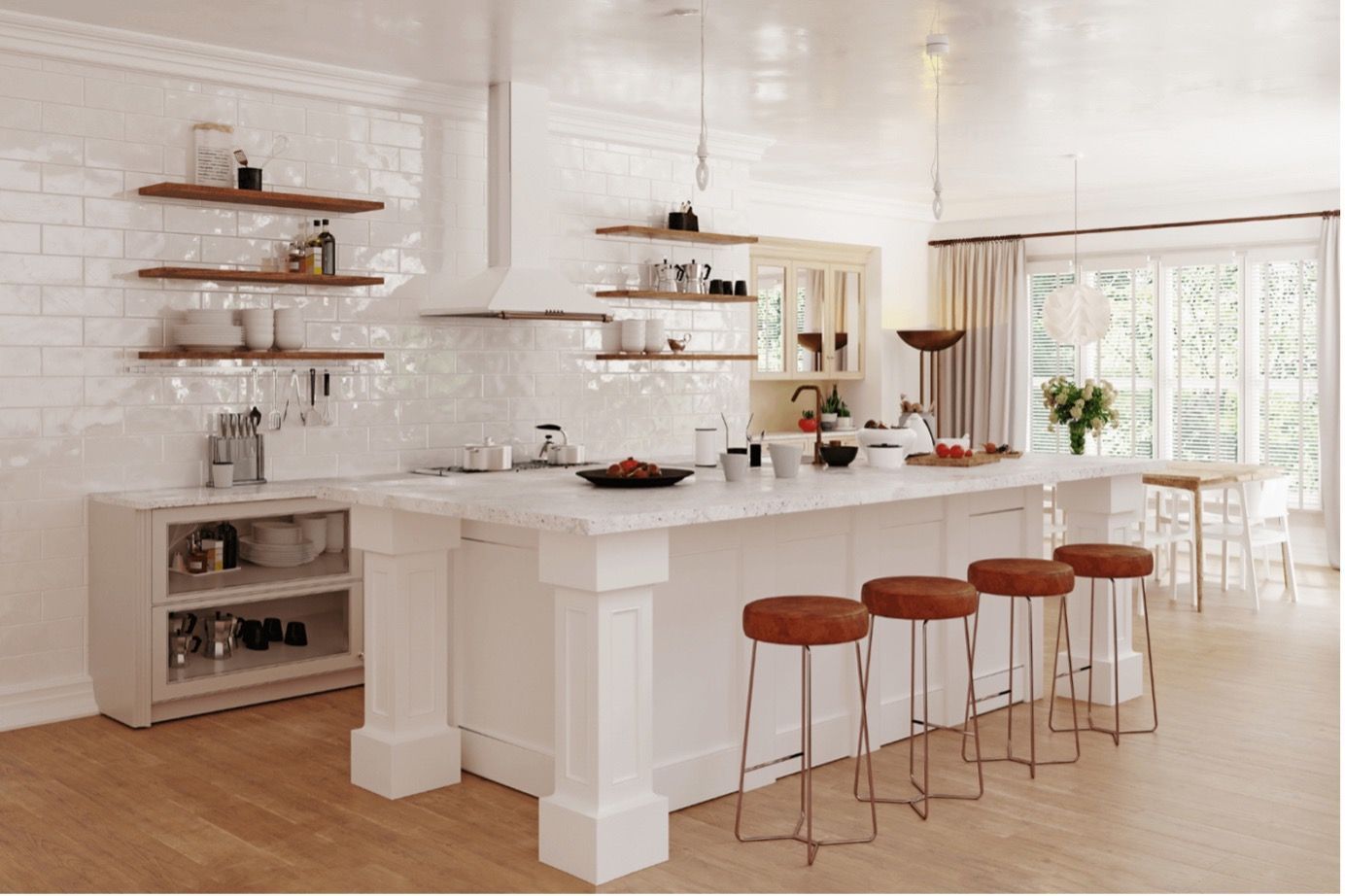 Bright white modern kitchen with island, bar stools, open shelves, and large windows