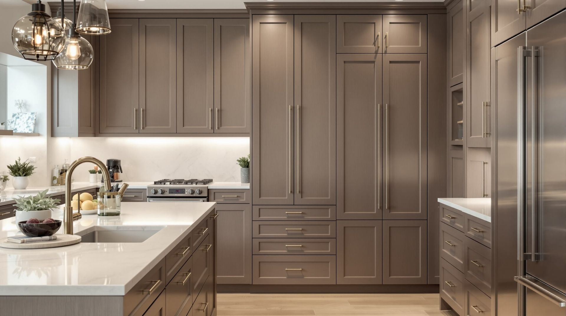 Modern gray kitchen with large cabinets, stainless appliances, white countertops, and pendant lighting