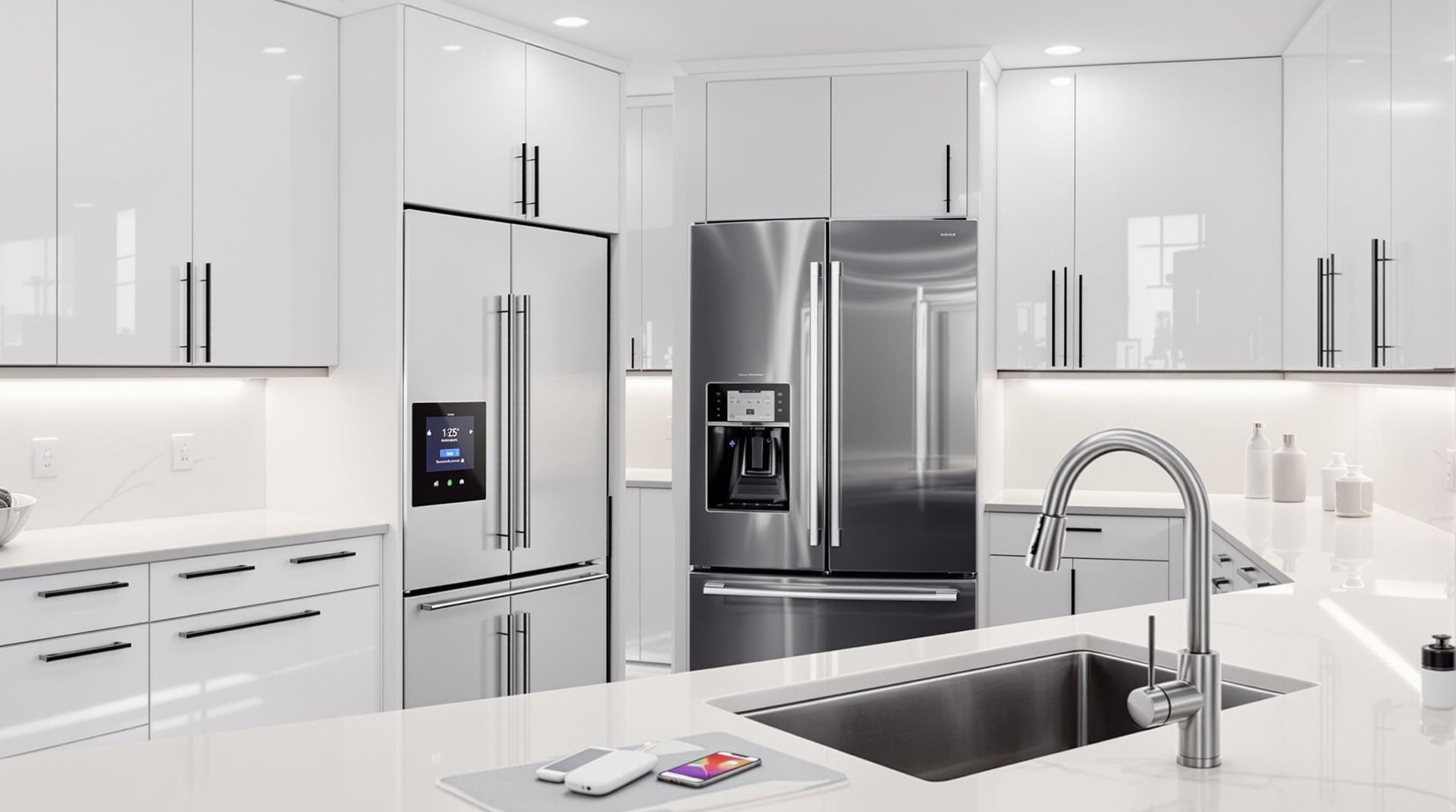 Bright modern white kitchen with stainless steel appliances and a large island sink