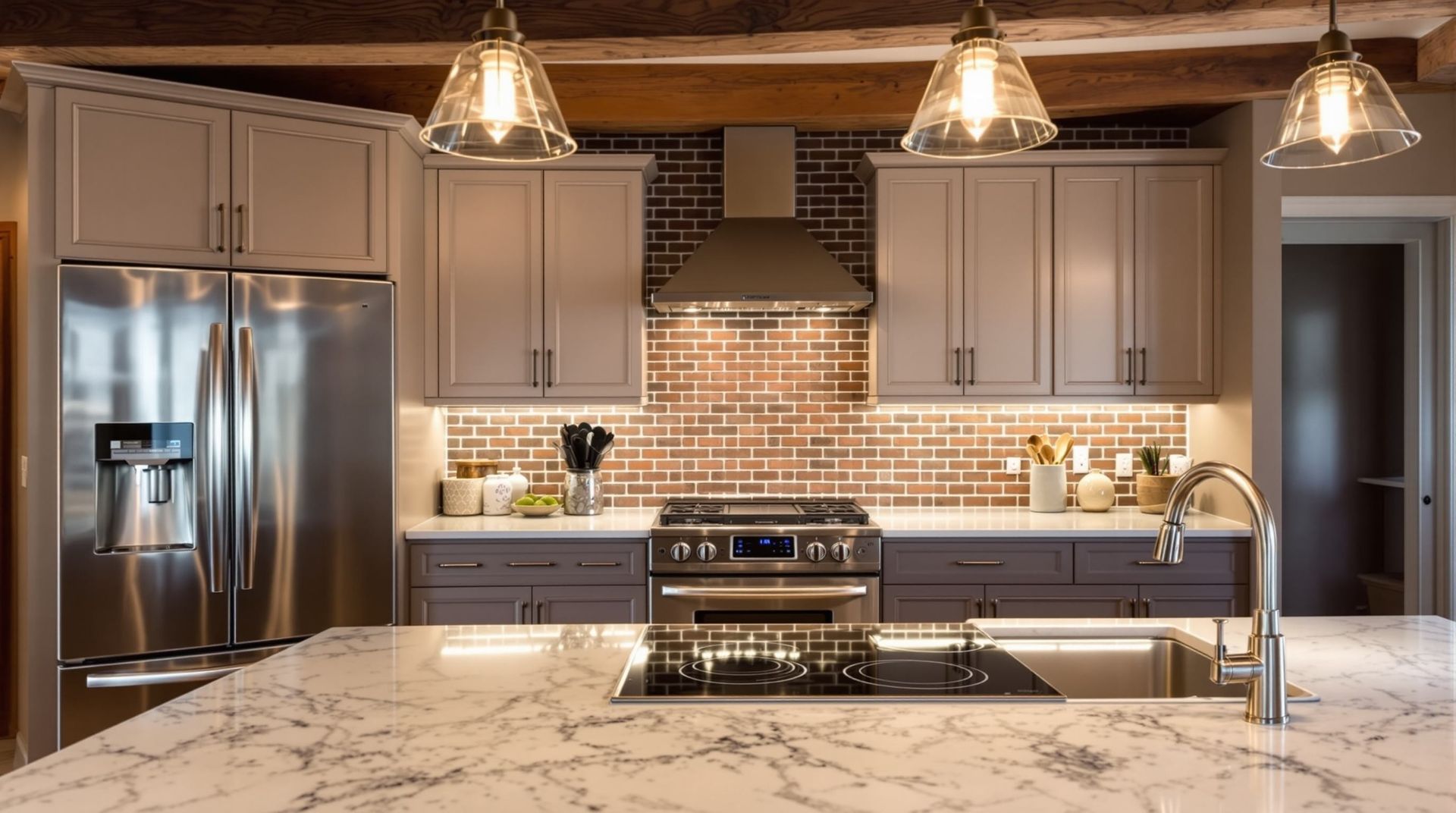 Modern kitchen with stainless steel appliances, gray cabinets, brick backsplash, and marble island countertops