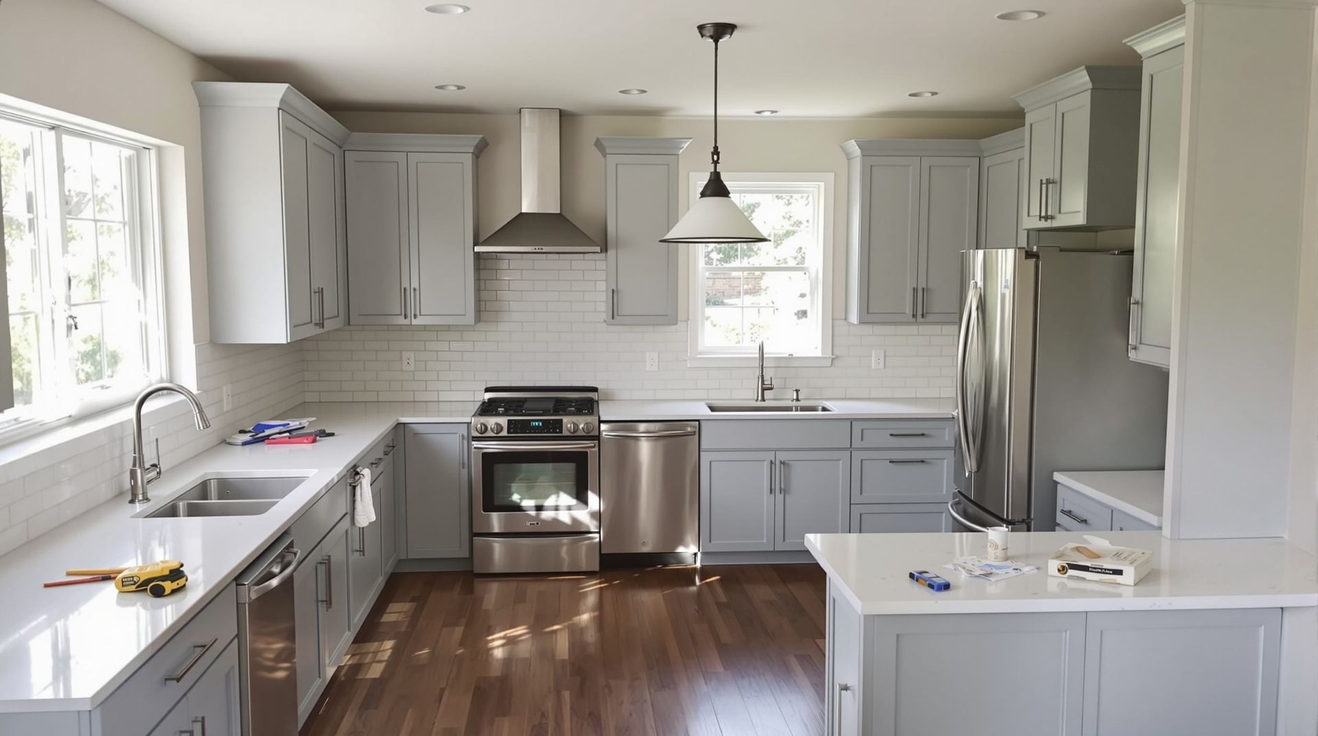 Bright gray kitchen with stainless steel appliances, white countertops, and dark wood floors