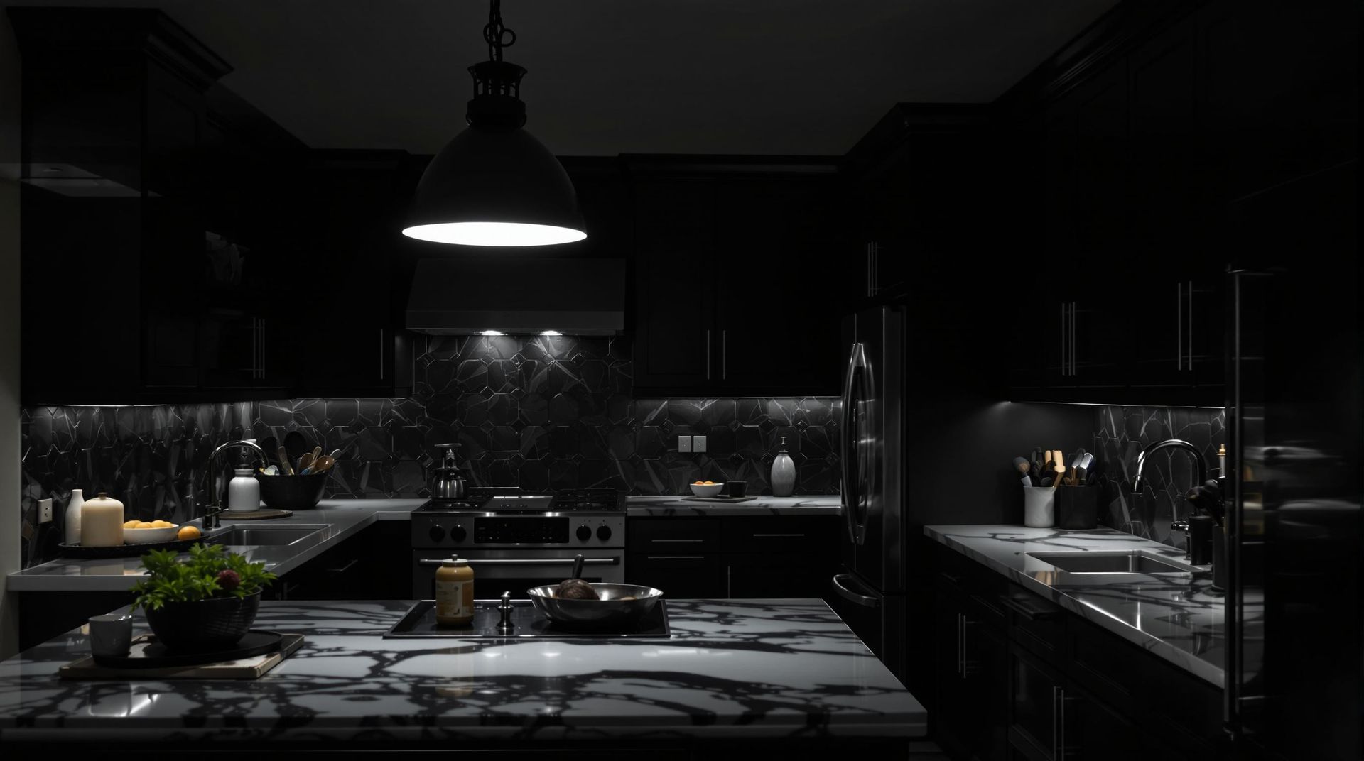 Dim modern kitchen with black cabinets, marble island, pendant light, and stainless steel sink at night