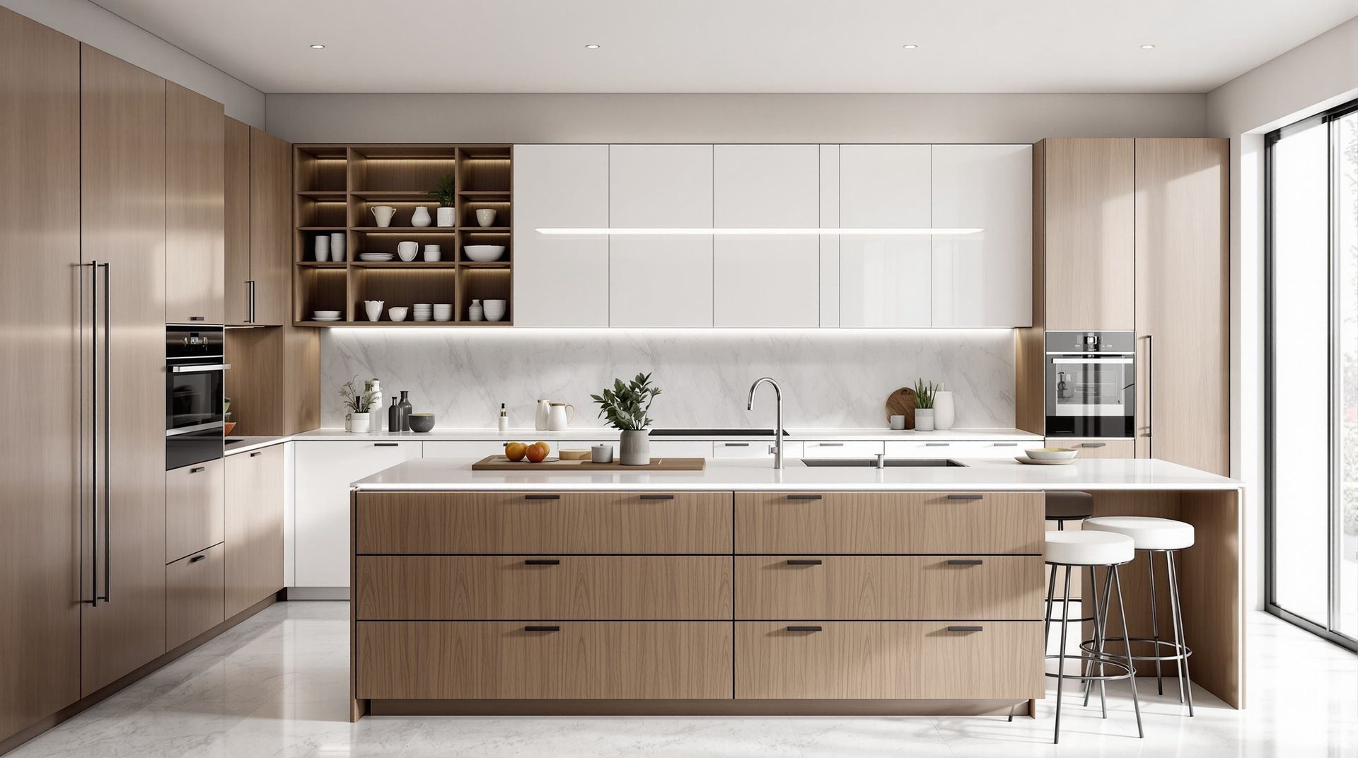 Modern minimalist kitchen with light wood cabinets, white countertops, island seating, and large windows