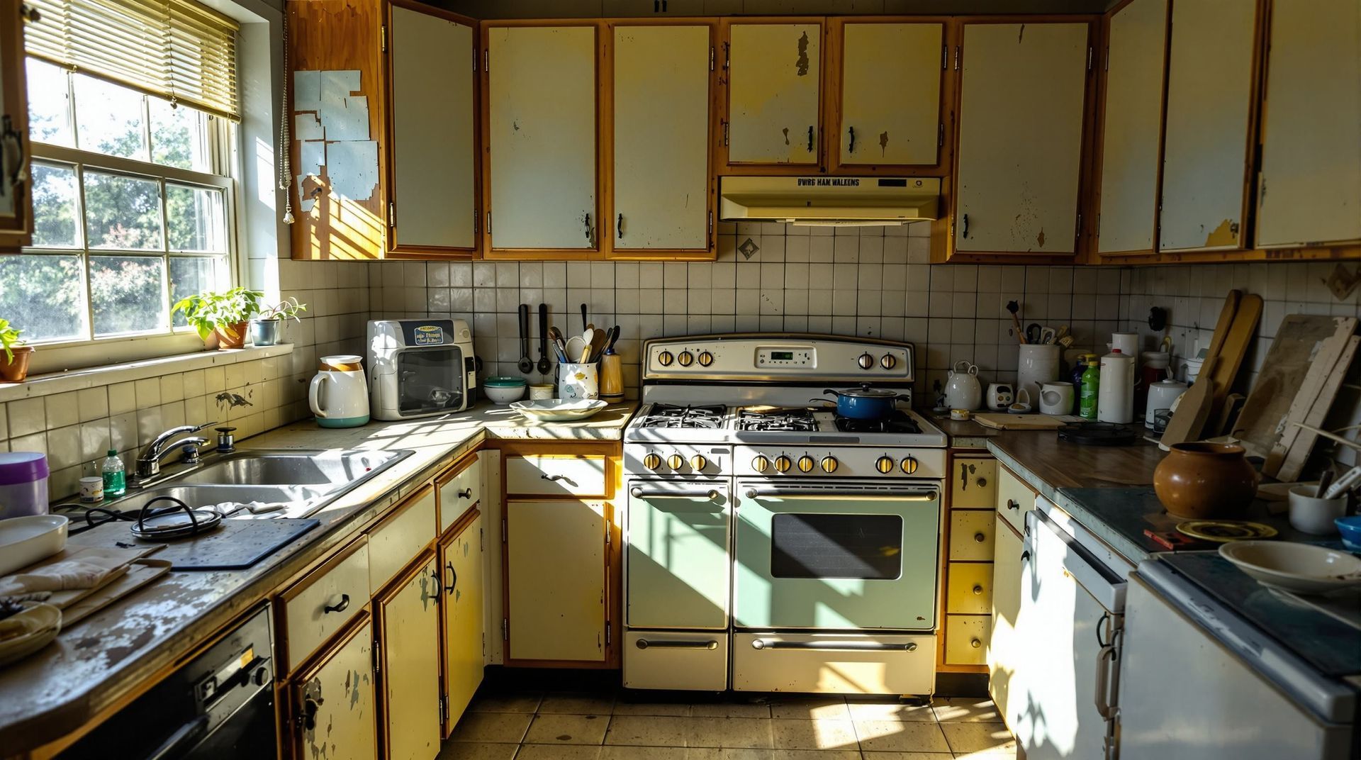 Sunlit kitchen with white cabinets, stove, sink, and cluttered countertops by a window.