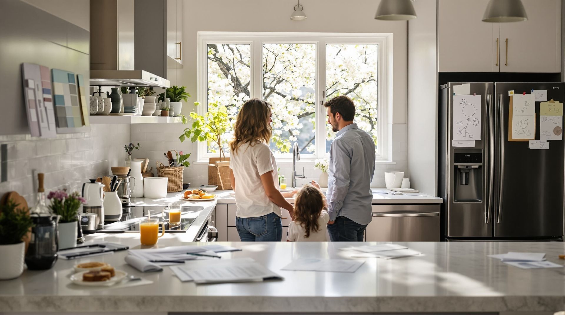 Family in a bright kitchen near a window, with a woman, man, and child by the sink and counter.