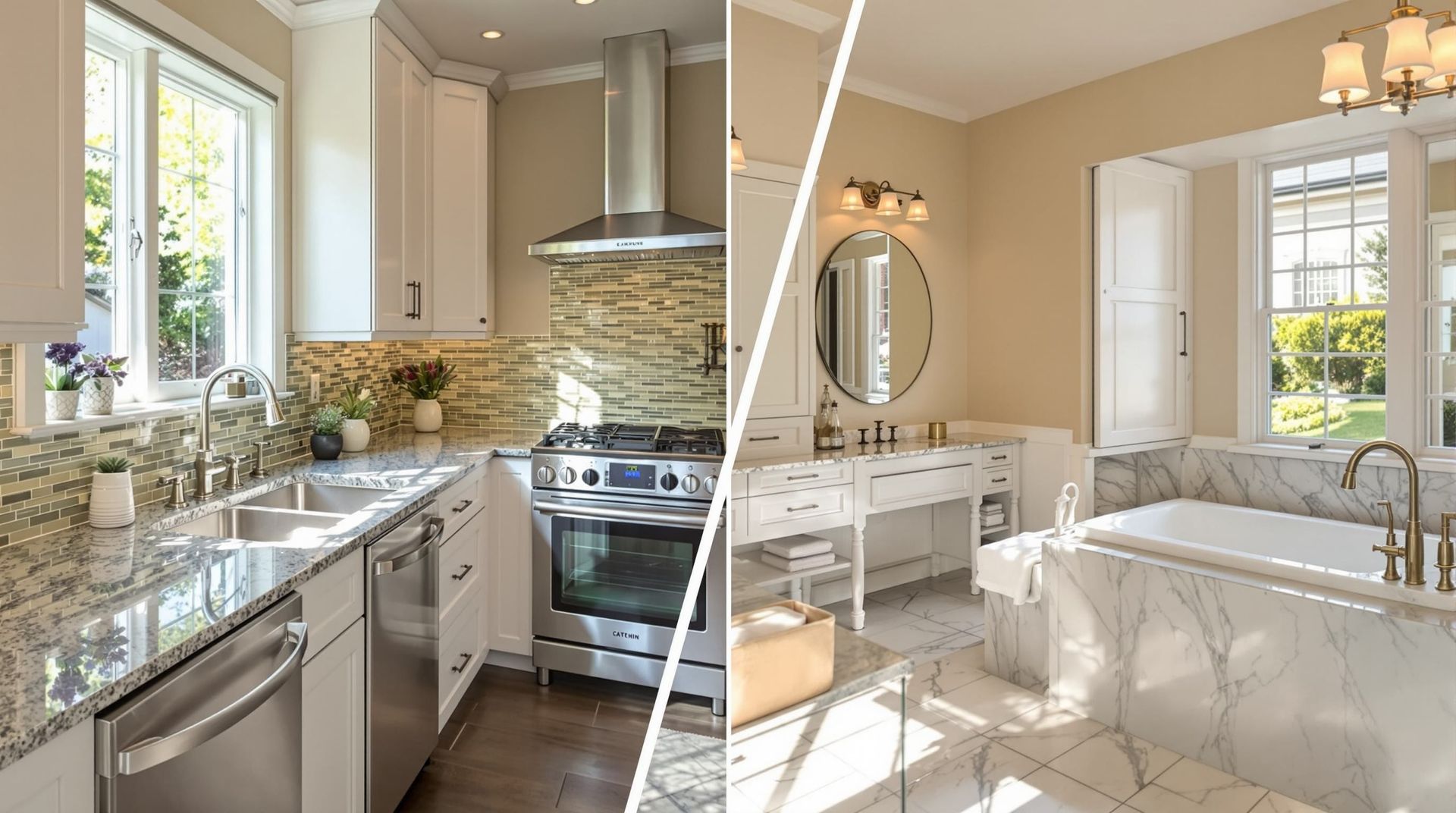 Split view of a bright kitchen and bathroom with beige cabinetry, white fixtures, and large windows