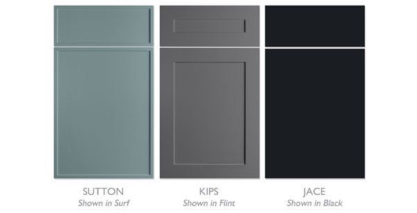 Three cabinet door styles in soft green, gray, and black, labeled Sutton, Kips, and Jace.