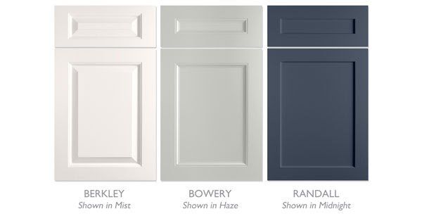 Three cabinet door samples in white, light gray, and dark blue-gray.