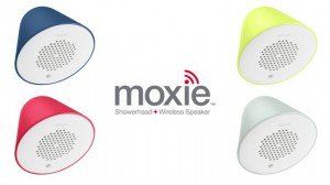 Moxie showerhead and wireless speaker in blue, pink, yellow, and white on white background