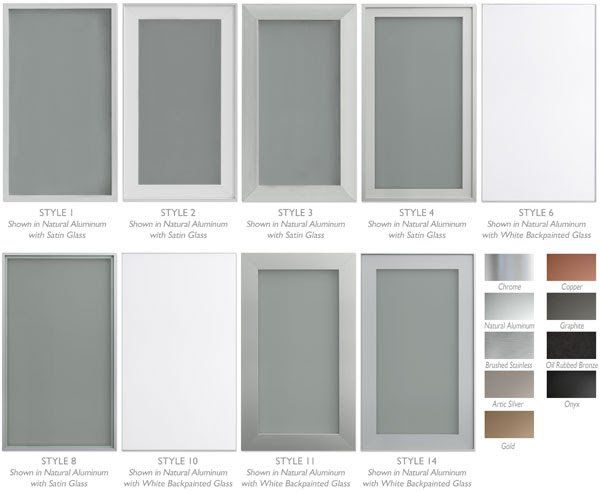 Gray and white cabinet door style chart with multiple framed panel samples and finish swatches