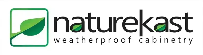 Naturekast logo with green leaf icon and the words “weatherproof cabinetry”