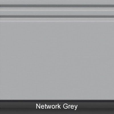 Gray cabinet door with horizontal panel details labeled “Network Grey”