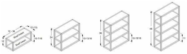 Step-by-step diagram of a shelf or rack assembly shown in four stages with measurements.