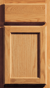 Wooden cabinet door with a raised panel and dark trim accents