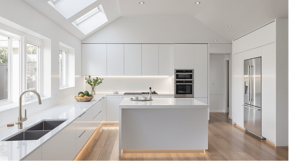 Bright modern white kitchen with island, skylights, wooden floor, and large windows
