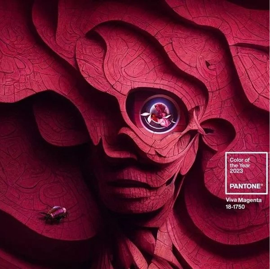 Abstract magenta face made of layered folds, with a small circular figure at the center and Pantone text on the right.