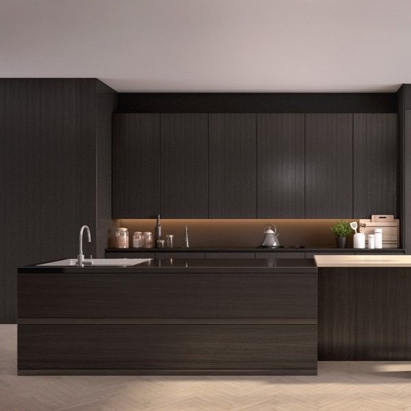 Modern dark wood kitchen with an island, sink, and under-cabinet lighting