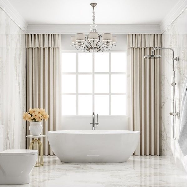 Bright white bathroom with freestanding tub, toilet, shower, and large window with beige curtains