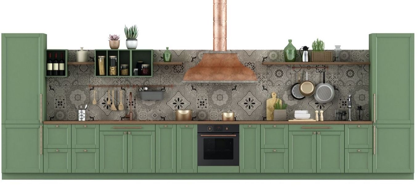 Green kitchen with patterned backsplash, copper range hood, and black oven centered below