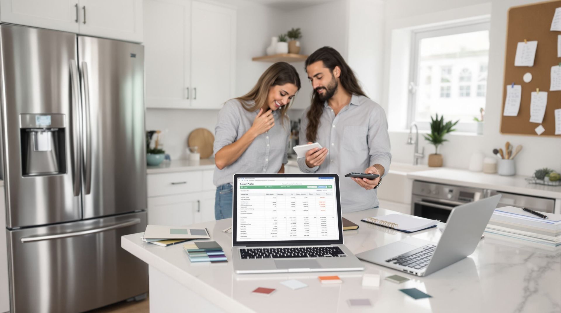 Two people reviewing paperwork in a bright kitchen with laptops and financial charts on the table