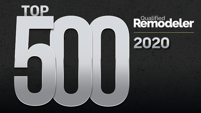 Top 500 Qualified Remodeler 2020 logo in silver and white on a dark background