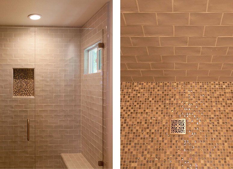Tiled shower with a built-in niche and small wall-mounted shower head.