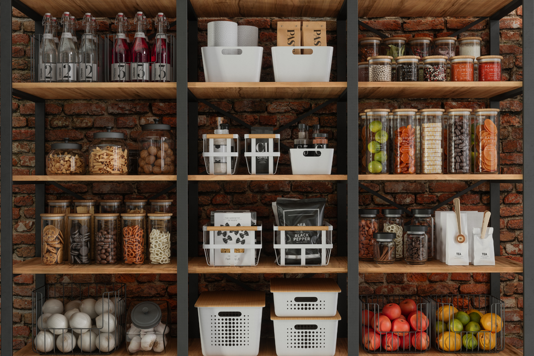 Wooden pantry shelves filled with jars, baskets, cans, and fresh produce in an organized storage space