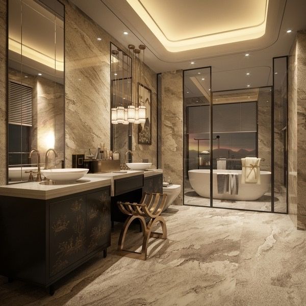 Luxury marble bathroom with dual sinks, glass shower, and freestanding tub in warm ambient lighting