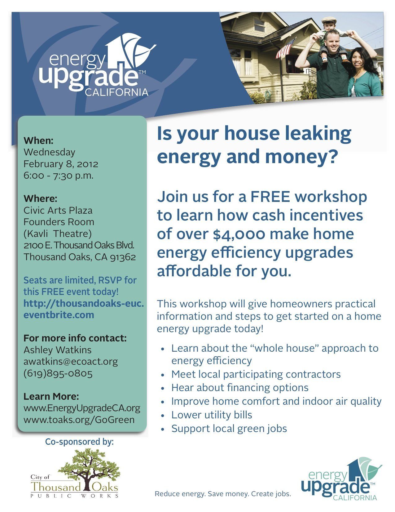 Flyer for an Energy Upgrade workshop on home energy efficiency and cash incentives.