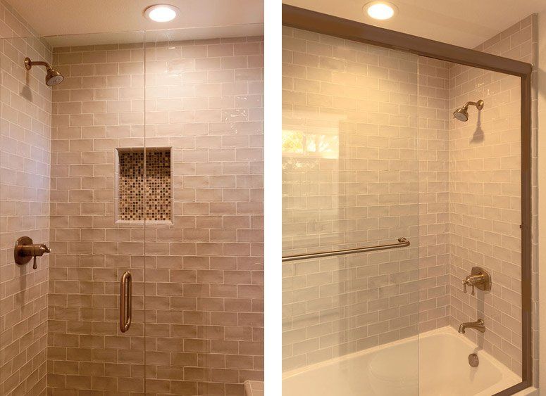 Two tiled walk-in shower views with glass door, wall niche, grab bar, and chrome shower fixtures under ceiling lights